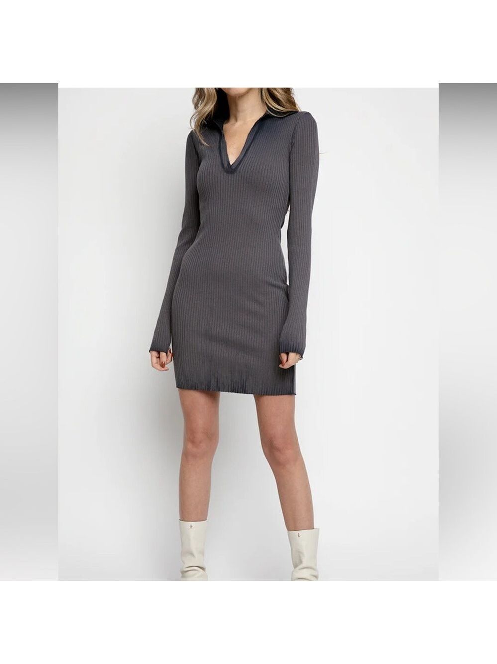 NWT Cotton Citizen Ibiza Long Sleeve Polo Dress in Ribbed Midnight Mix Size S